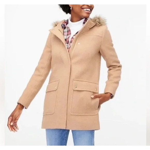 J.CREW Vail Faux Fur Parka Coat Size 2 Hooded Peacoat Grey Classic Preppy Twee - Picture 2 of 11